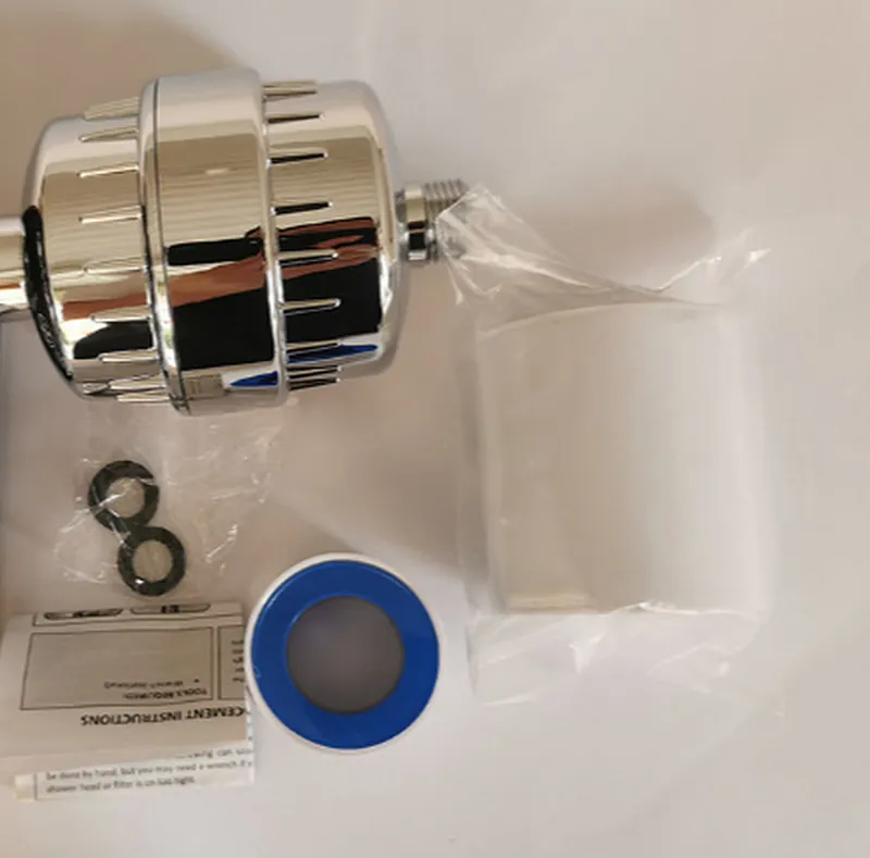 What arrives: the chrome filter, a cartridge in its bag, a roll of thread tape, two rubber washers and the instructions