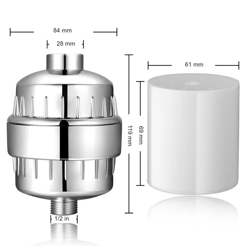 Size drawing: the filter is about 84 mm wide and 119 mm long with a 1/2 inch thread, the cartridge about 61 by 69 mm