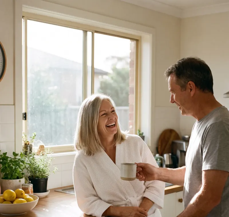 A couple laughing over morning coffee at the kitchen bench, her hair freshly washed