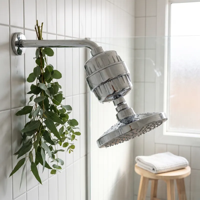 The chrome Showerkind filter fitted between a shower arm and a round shower head in a white tiled bathroom