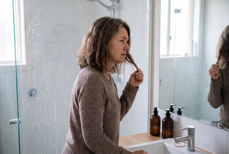 A woman at the bathroom mirror looks at the dry ends of her hair, water spots on the shower glass behind her