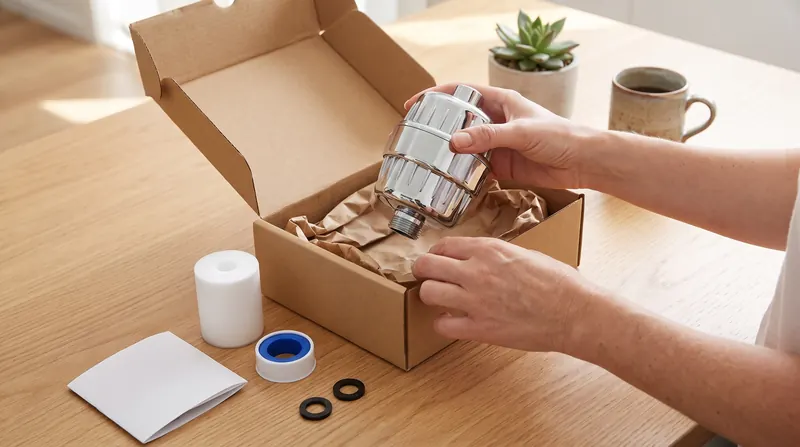 Unpacking a Showerkind filter, a cartridge, thread tape and washers on a kitchen bench